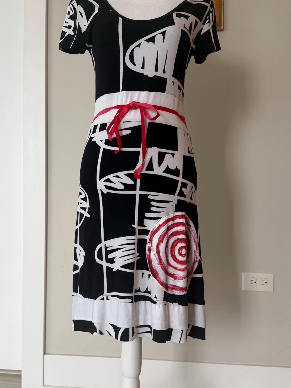 Desigual Black & White Graphic Top with Red Floral Accent